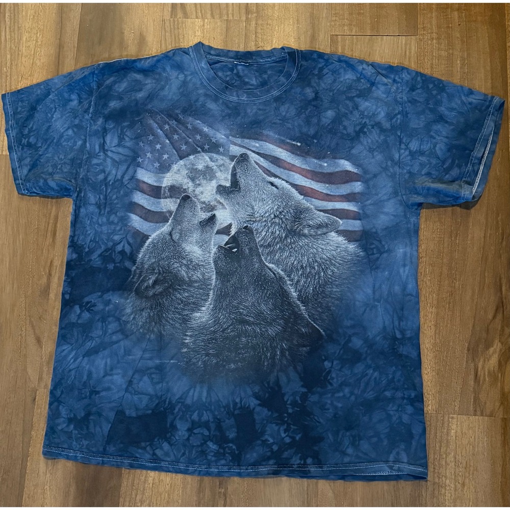 Vintage Wolf Graphic Tee Tie Dye USA Flag Moon Nature Shirt XL Grunge Streetwear